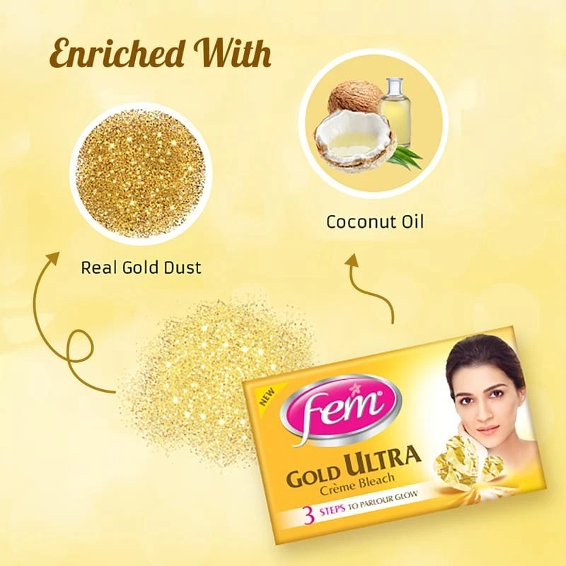Fem Cream Bleach Face Skin Whitening - 24k Gold Dust ,24gm ( Pack of 2 ) - Image 2 of 4