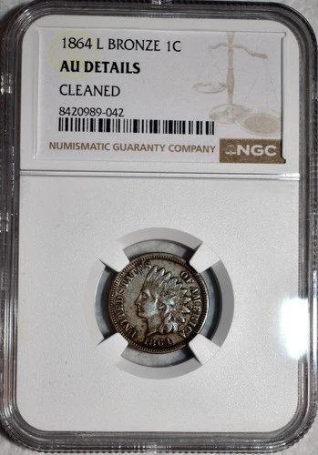 NGC About Uncirculated 1864-L Indian Head Cent, Sharp, Semi-Key Date.