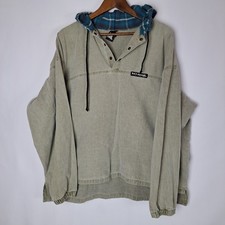 Vintage No Fear Hoodie Mens Large Beige Canvas Henley Baggy Plaid Made in USA