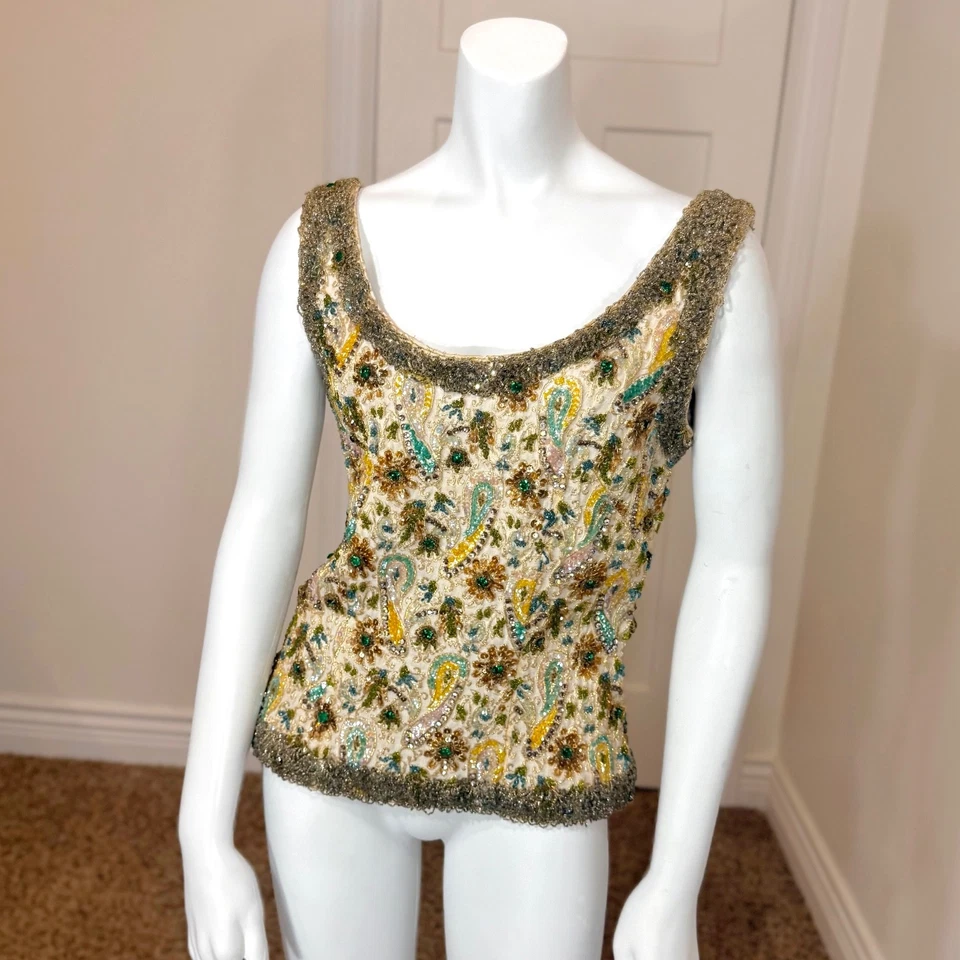 TOP de lentejuelas con cuentas a mano de alta costura vintage años 50 fiesta glamour aleta pasarela de Hollywood Foto 2 de 4
