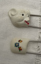 Vintage 2 Baby Diaper Pins Bear and Flowers
