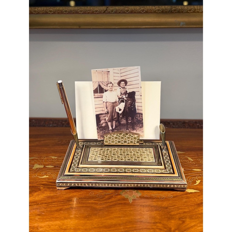 A beautiful vintage inlaid wood desk set with letter holder and pen stand — the kind of artisanal craftsmanship you simply can't find new.