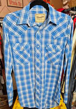 Wrangler Western Pearl Snap Plaid Shirt Men s Small Blue Long Sleeve Cowboy