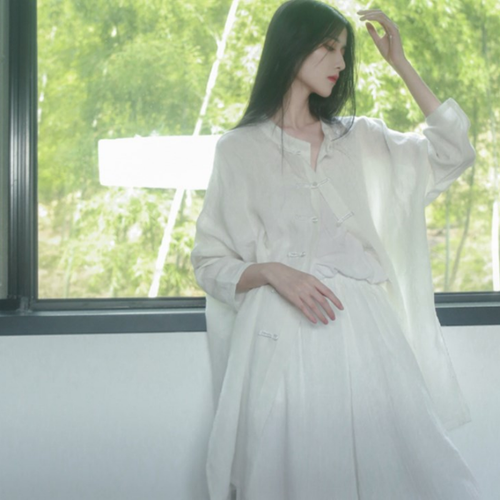 Lady Chinese Kung Fu Shirt Midi Thin Hanfu Top Retro Side Slit Frog Button Loose - Picture 8 of 12