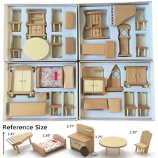4 Boxes Unpainted Wooden Dollhouse Furniture Set 1/24 Scale Miniature Accessory