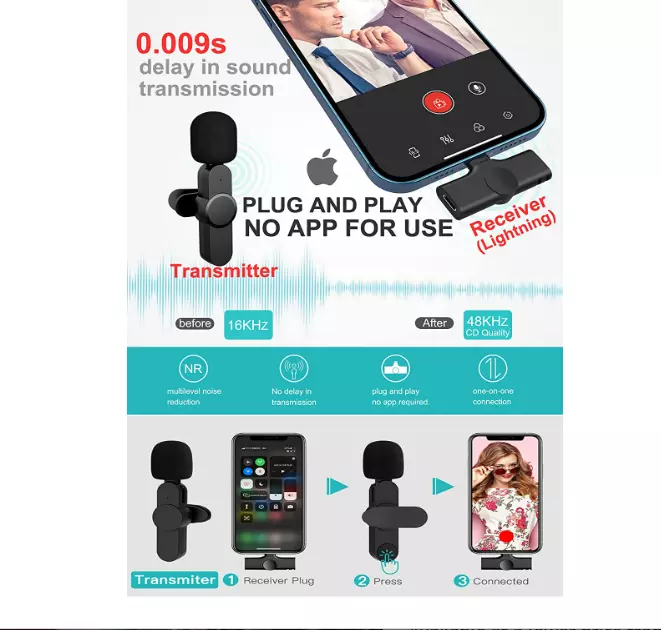 2pcs Microfono Inalambrico Lavalier para iPhone De Solapa Entrevistas  Plug&Play