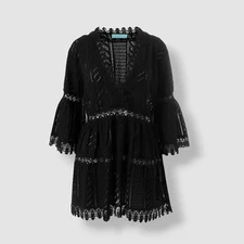 $277 Melissa Odabash Women's Black Eyelet Cover Up Mini Dress Swimwear Size XL