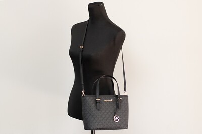 Michael Kors Jet Set Black Signature XS Carryall Top Zip Tote Bag