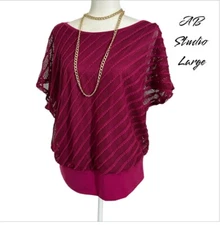 AB STUDIO Women’s Scoop Neck Blouse Mesh Overlay Tank Top Berry Color Large Used