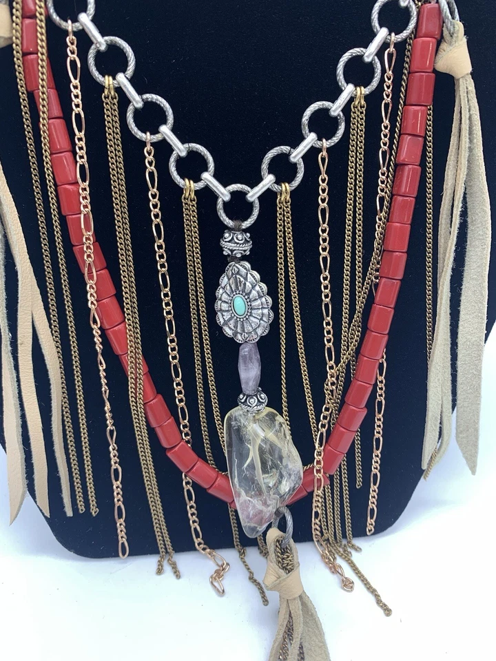 De colección. "Collar y colgantes de cuero y plata dorada estilo nativo de 16"" LUCKY BRAND Foto 2 de 4