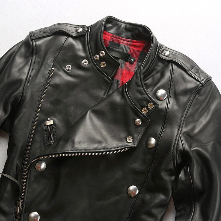 Mens Biker Zipper Double Rider Jacket Cowhide Motorcycle