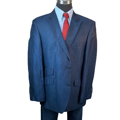 44R/L English Laundry Linen Blend Suit Jacket Sport Coat Blazer Navy Blue  Silky