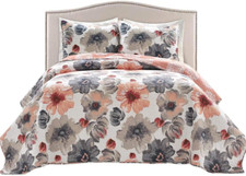 Leah Reversible Floral Quilt Set, 3 Piece Set, Full/Queen, Coral  Gray - Charmi