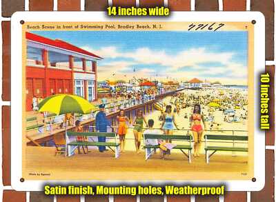 METAL SIGN - New Jersey Postcard - Beach Scene In Front of Swimming Pool, Bradl