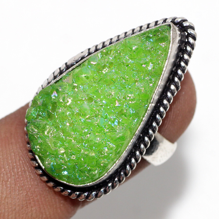 925 Silver Plated-Titanium Druzy Ethnic Gemstone Ring Jewelry US Size-7 JW