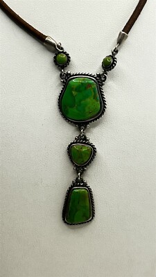 Designer BARSE Lime Green Ammolite Brown Leather Y-Drop Sterling Silver Necklace