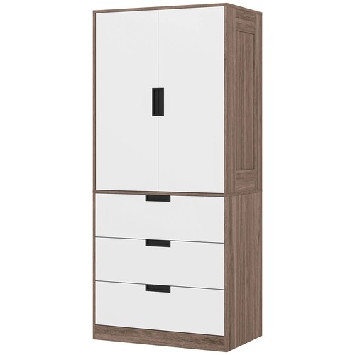 2 Door Wardrobe with 3 Drawers Hanging Rod Modern Storage Unit Bedroom Brown - Picture 11 of 12