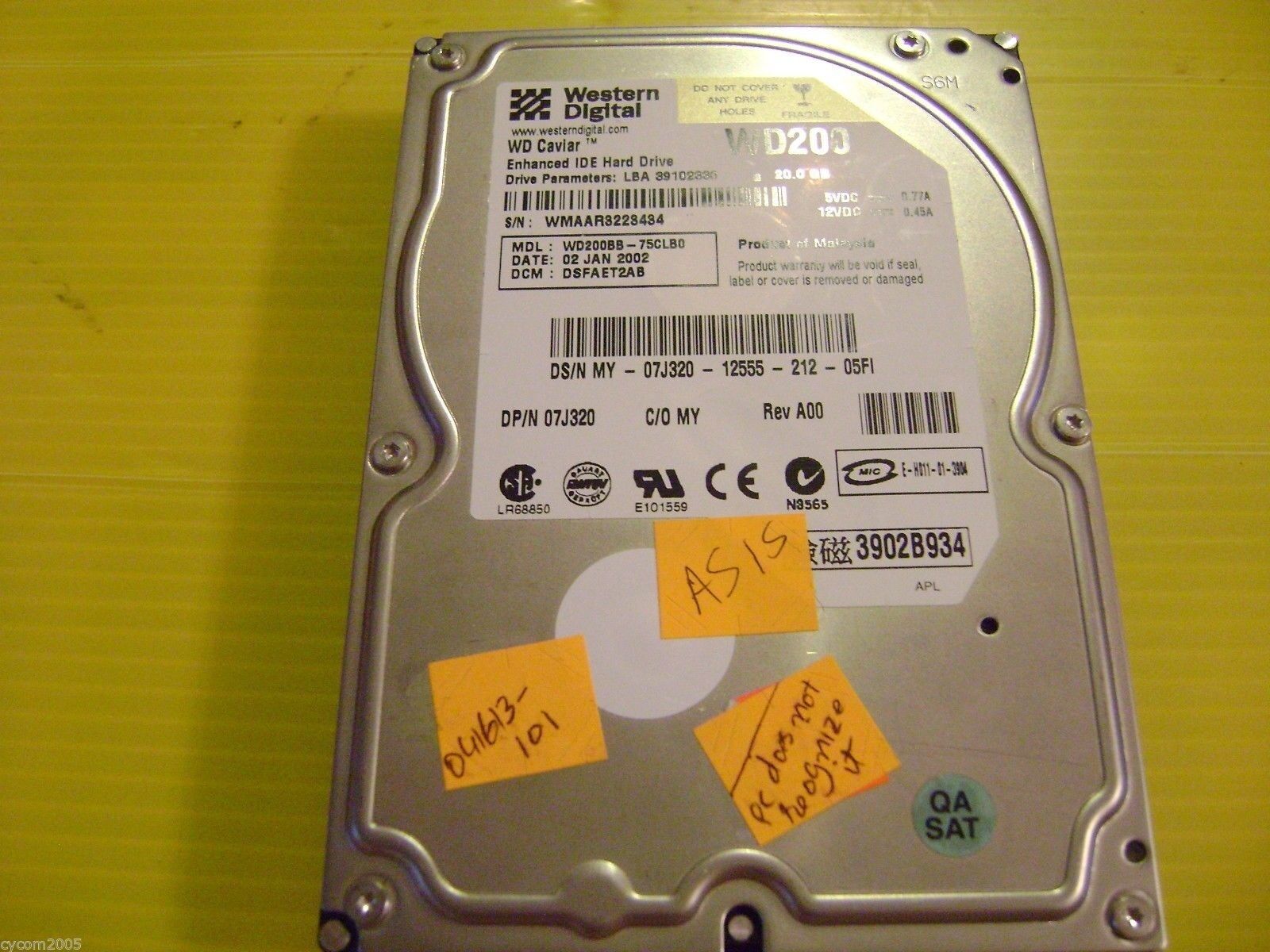 WD200BB-75CLB0 Western Digital 20GB ATA/100 7200RPM HDD For Parts Non-working