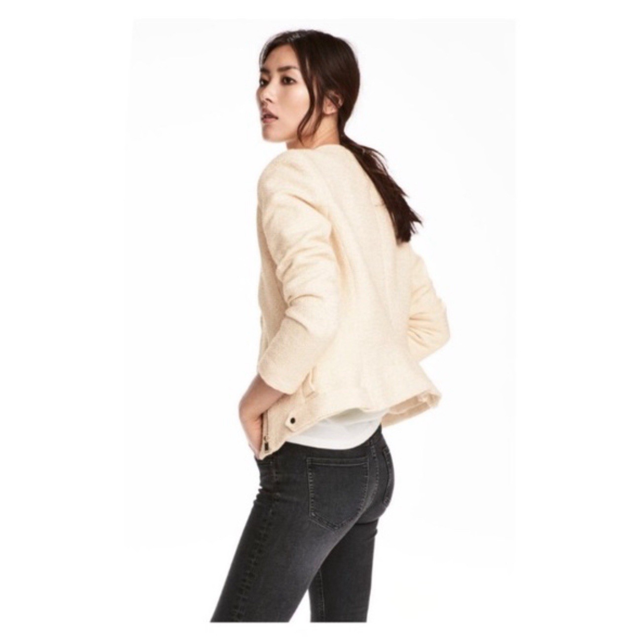 H&M Women’s US 4 Cream Cotton Tweed Zip Moto Biker Jacket Blazer Career EUR 34 thumbnail 3