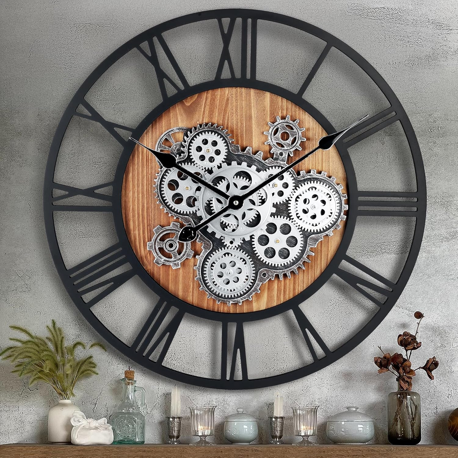 23 Inch Real Moving Gear Wall Clock, Steampunk Wooden Large 