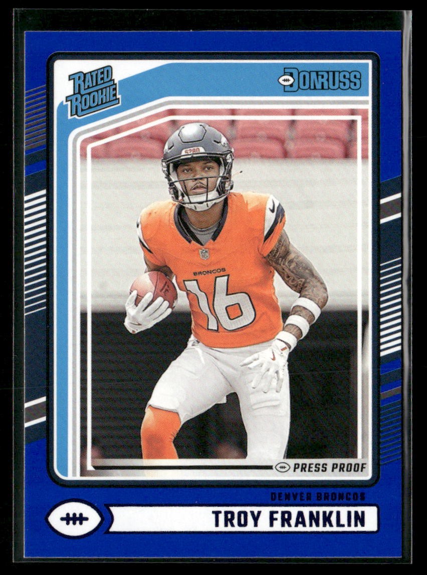 2024 Donruss Troy Franklin 338 Denver Broncos Press Proof Blue RC