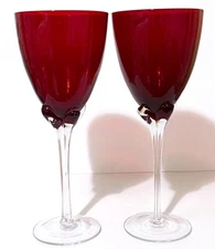 Murano Tulip Stem Blown Glass Petal Stem 9.5” Two Set (2) Ruby Red Water Goblet