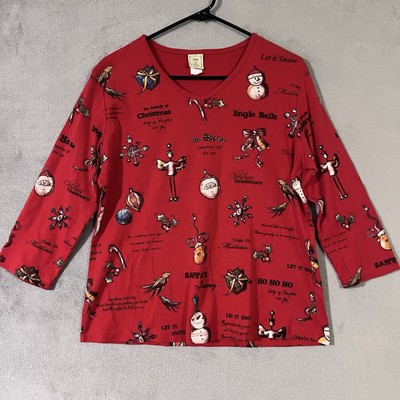 Jess & Jane Vintage Red Joy of Christmas Cotton 3/4 Sleeve Holiday Top Large USA