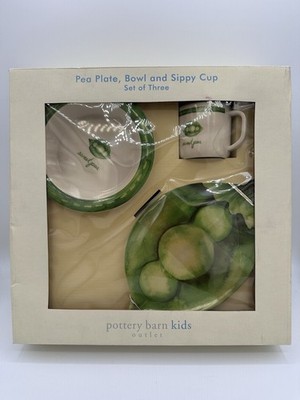 Kids Pea Set w/ Plate, Bowl & Sippy Cup Vintage Pottery Barn Sealed In Box Green