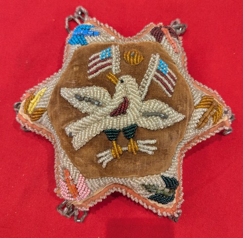 Antique Iroquois Beaded Star Pincushion Eagle American Flags c1900 11"