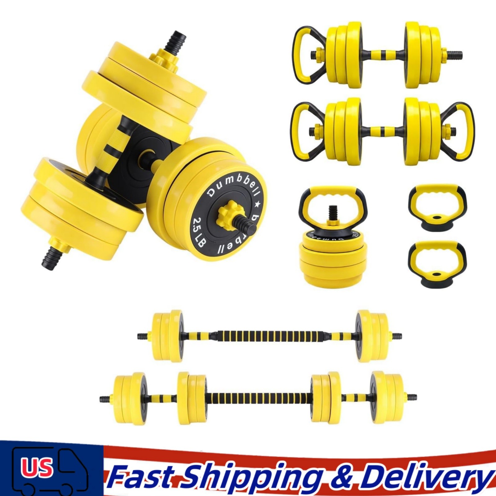 Yellow 4-in-1 Adjustable Dumbbell Set 44LBS Space Saving for Home Gym Apartment