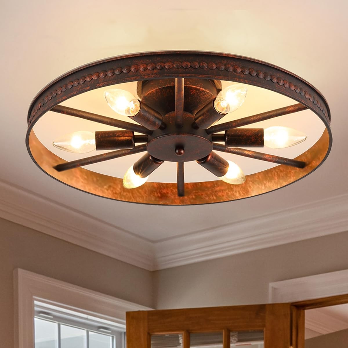 Farmhouse Round Semi Flush Mount Ceiling Light in Red Rust Finish