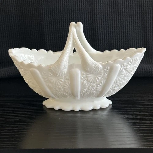 FENTON Vintage Daisy & Button Milk Glass Basket circa 1965 split twig handle MCM