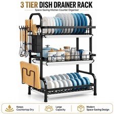 3 Tier Dish Drainer Rack Cutlery Holder Plate Rack Kitchen Sink with Drip Tray