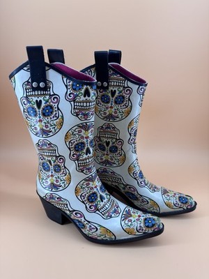 Blazin Roxx Rain Boots Sugar Skull Square Toe Size 8 Cowboy Day of the Dead