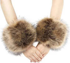 Women's Leopard Print Faux Fur Wrist Cuffs,Winter Fox Furry Bands Arm Warmer