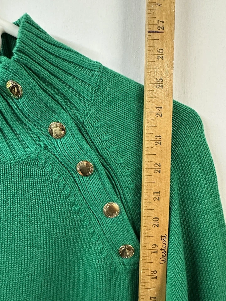 Suéter Chaps Para Mujer XL Tejido 100% Algodón Clásico Pullover Verde Dorado Broches a presión Foto 4 de 4