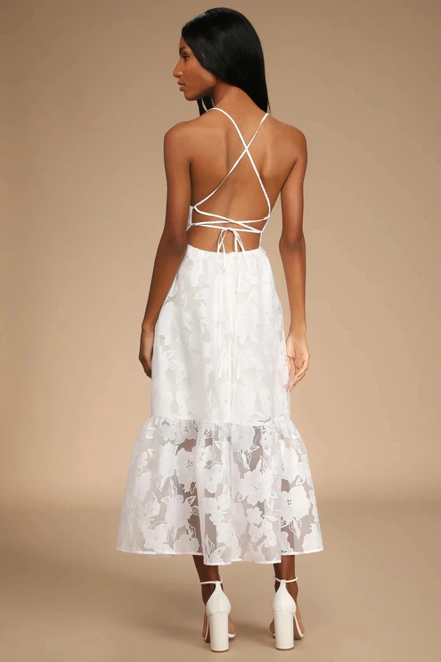 Vestido Lulus Talla S Blanco Jacquard Organza Con Cordones Midi Floral Novia Foto 2 de 4