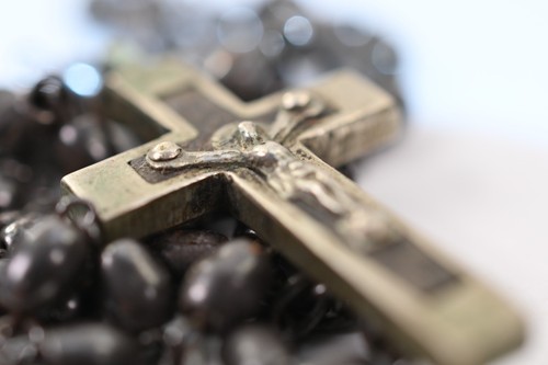 Antique Catholic Rosary 17in Metal Beads & Crucifix w/ Wood Inlay Vintage