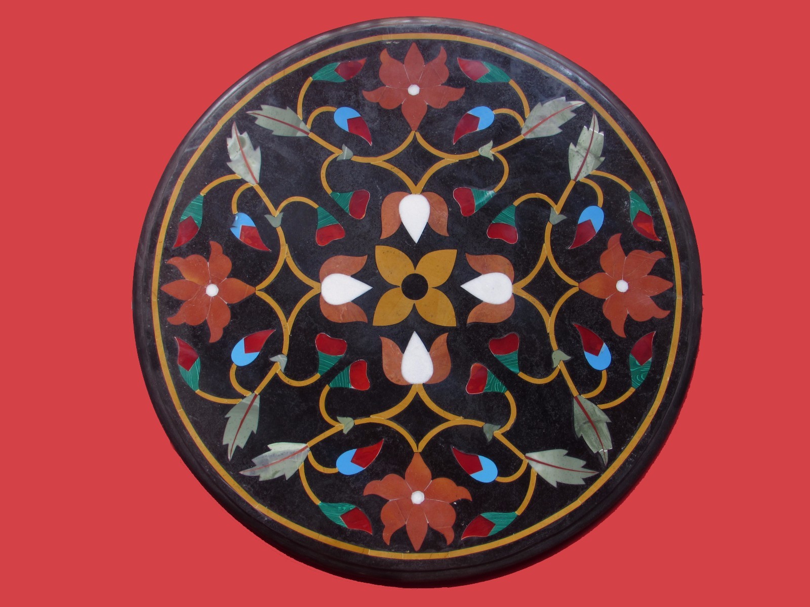 23-Inch Marble Coffee Table with Floral Semi-Precious Stone Inlay Decor