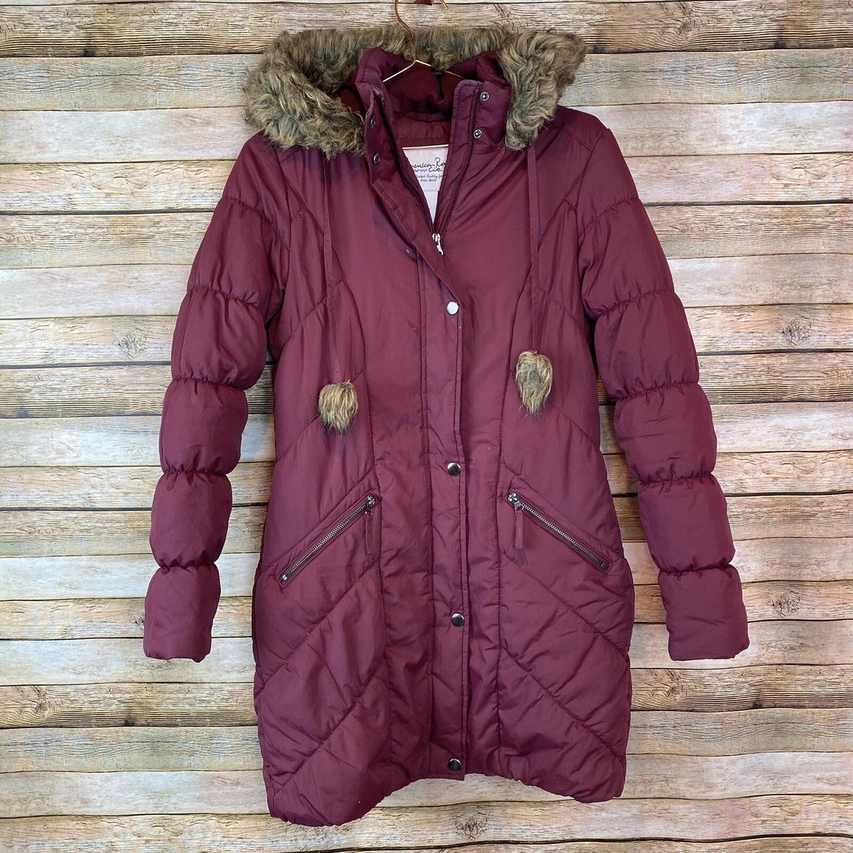 American Rag Women s Puffy Long Winter Coat Burgundy Faux Fur Hood