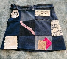 Upcycled Vintage Boho Retro Jeans Mini skirt 17 L Waist 35 Hips 42 . Patchwork