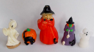 5 Vintage Halloween Candles 2 Marked Gurley Witches Ghosts & Pumpkin