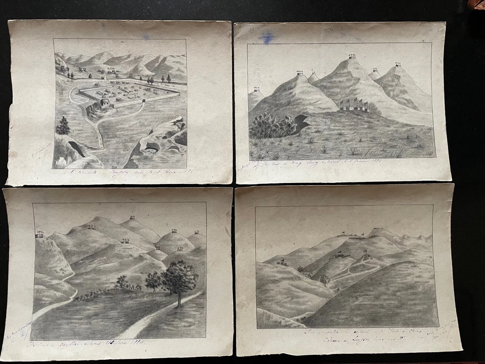 INDOCHINE - 4 DESSINS ORIGINAUX CAMPAGNE FRANÇAISE 1885 - LANG SON - TONKIN - Photo 1/4