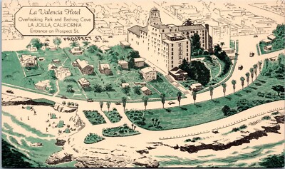 La Valencia  Hotel, La Jolla, California - c1930s Linen Postcard- Drawing