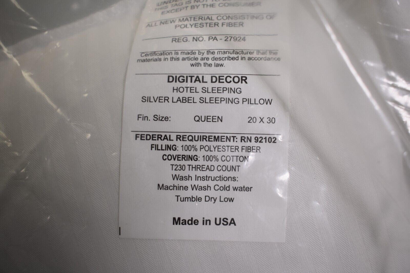 Hotel Sleeping Silver Label Pillow Queen Premium Plush 20" x 30" Firm Fill