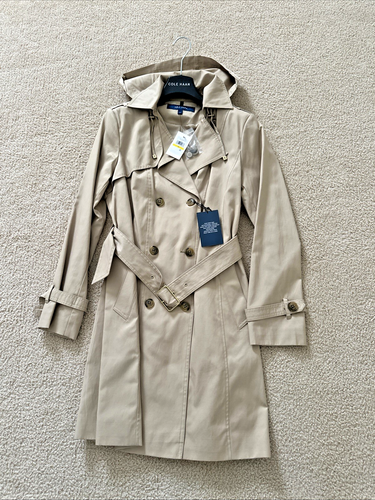 Cole Haan Khaki Long Belted Hooded Trench Coat Jacket Double Button Front Size M - Picture 8 of 12