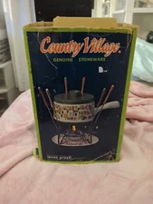 Country Village Genuine Stoneware Fondue Set NOB.  100,% Complete. Vintage