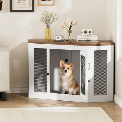 Corner Dog Crate Furniture, Wooden Dog Kennel End Table with Mesh, Cage/House fo