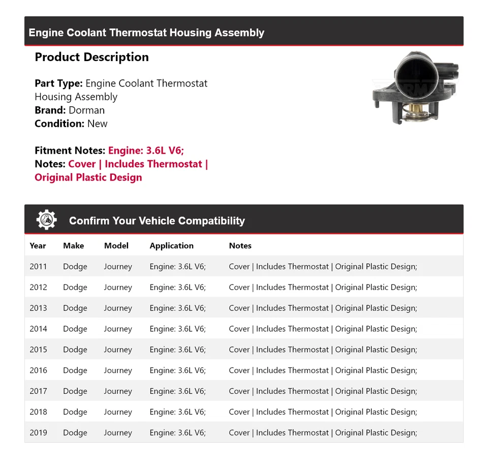 For 2011-2019 Dodge Journey 3.6L V6 Dorman Thermostat Housing Assembly 2012 - Image 2 of 4