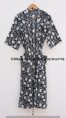 Women 100% Cotton Floral Print Black Lingerie Night Gown Sleepwear Kimono Robe